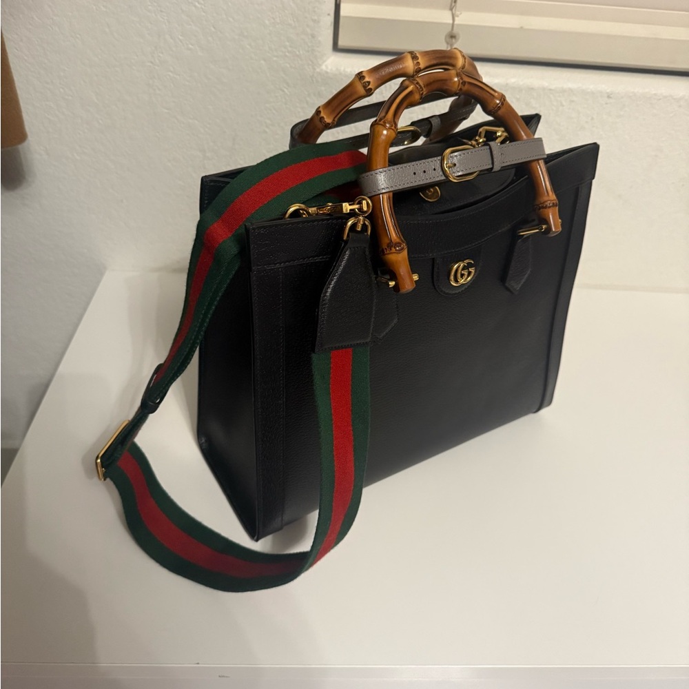 Gucci Black Tote with Bamboo Handles and Red/Green Strap